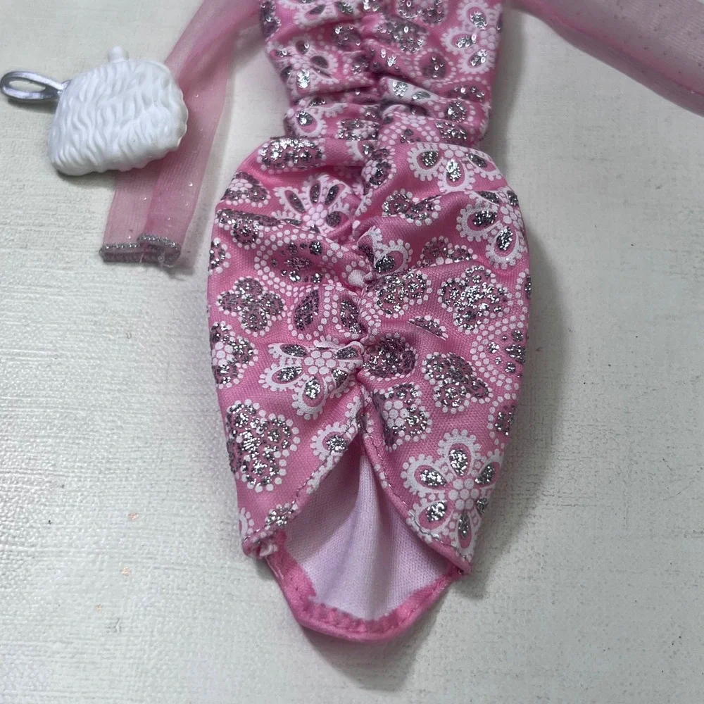 Barbie Pink Glitter Floral Ruched Dress Sheer Sleeves and White Purse Accessory